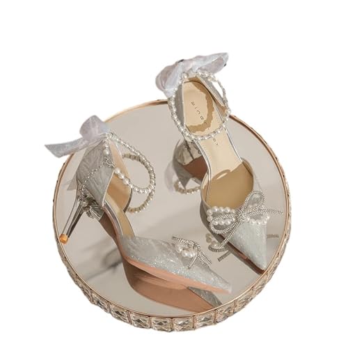 Damen Spitzschuh Pumps Frühling/Herbst Kristall Hochzeit Brautschuhe(Silver 6cm,38) von ZMCGNO