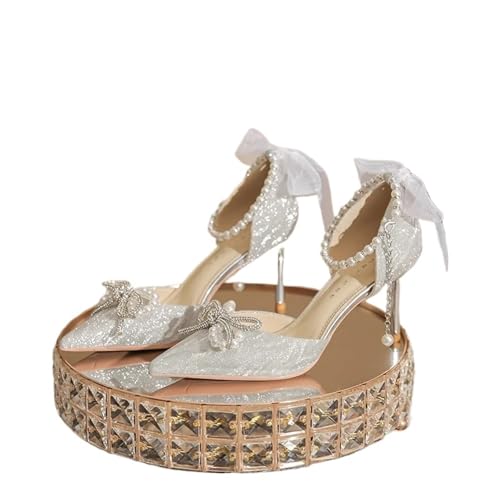 Damen Spitzschuh Pumps Frühling/Herbst Kristall Hochzeit Brautschuhe(Silver 8cm,35) von ZMCGNO