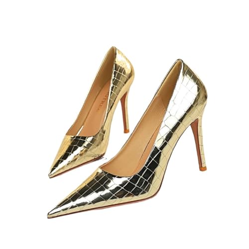 Damen Vintage High Heels Metall Stein Muster Stiletto High Heel Damen Exquisite Pumps Spitzschuh(18249-1 Gold,37) von ZMCGNO