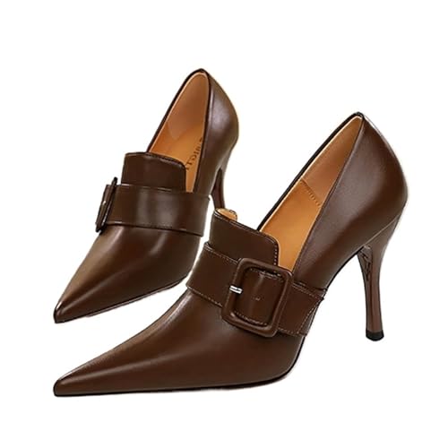 Gürtelschnalle Pumps Damen Dünne Absätze Spitzschuh Partyschuhe(Dark Brown,34) von ZMCGNO