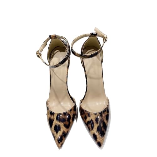 Knöchelriemen Damen Leopard Spitze Zehen High Heels Partykleid Stiletto Pumps 120 100 80mm(8cm Leopard,35) von ZMCGNO