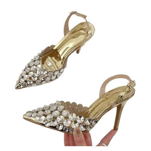 Spitzschuh Damen Pumps Elegante Kristall PVC Transparent Dünne High Heels Slingback(Gold,37) von ZMCGNO