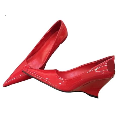 Spitzschuh Keilabsatz High Heels Damen Pumps Silber Rot Schuhe(Red,39) von ZMCGNO