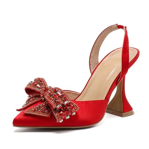 Strass Bowknot Damen Pumps Seide Spitzschuh Seltsame High Heels(Red,40) von ZMCGNO