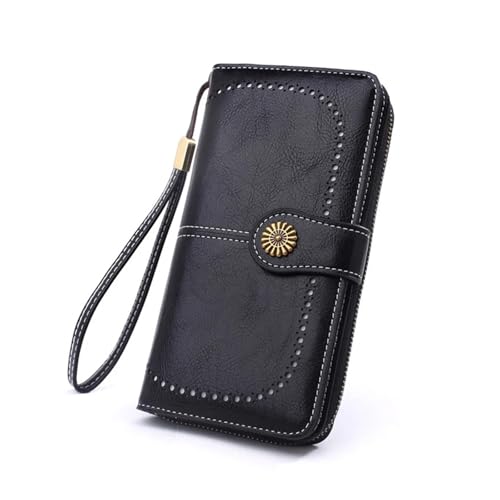 ZMCGNO Ausgehöhlte Münzbörse for Damen, Handytasche aus fettigem Leder, Handtasche mit langem Reißverschluss, Münztasche, dreifach gefaltete Damenbrieftasche(Black) von ZMCGNO