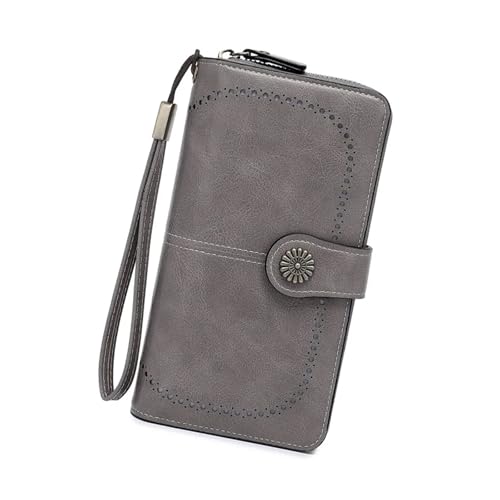 ZMCGNO Ausgehöhlte Münzbörse for Damen, Handytasche aus fettigem Leder, Handtasche mit langem Reißverschluss, Münztasche, dreifach gefaltete Damenbrieftasche(Gray) von ZMCGNO