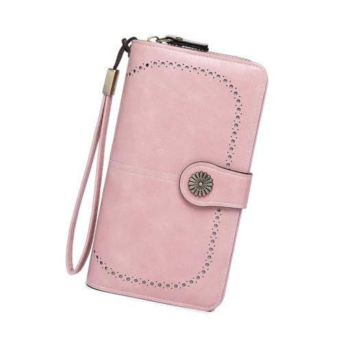 ZMCGNO Ausgehöhlte Münzbörse for Damen, Handytasche aus fettigem Leder, Handtasche mit langem Reißverschluss, Münztasche, dreifach gefaltete Damenbrieftasche(Pink) von ZMCGNO