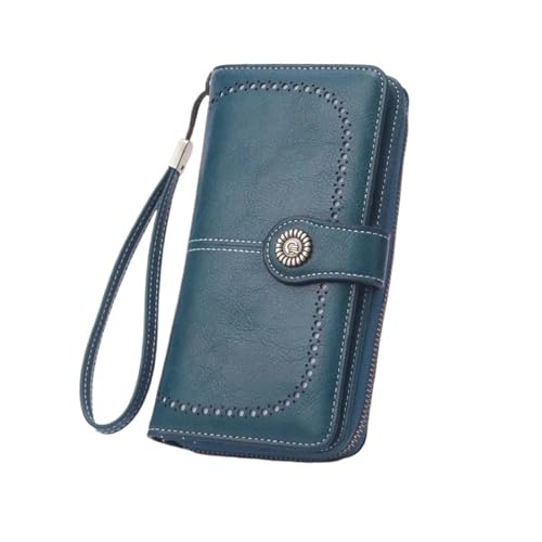 ZMCGNO Damen Geldbörse RFID Anti-Diebstahl Leder Geldbörsen for Damen Langer Reißverschluss Große Damen Clutch Damen Geldbörse Kartenhalter(Blue-2) von ZMCGNO