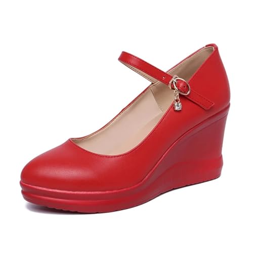 ZMCGNO Lederschuh for Damen, 7 cm Keilabsatz, Plateau, runde Zehenpartie(Red,40) von ZMCGNO