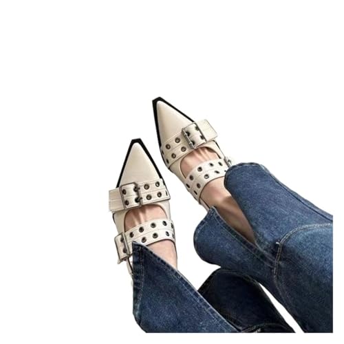 ZMCGNO Spitz zulaufende Schuhe, Retro-Schuhe mit mitteldickem Absatz for Damen mit Röcken und kleinen Lederschuhen(Beige,37) von ZMCGNO