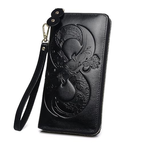 ZMCGNO Vintage Echtleder Damen Geldbörse Floral Echt Kuh Leder Geldbörse Damen Erste Schicht Rindsleder Clutch(Black Wallet) von ZMCGNO