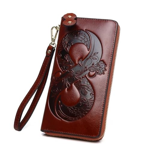 ZMCGNO Vintage Echtleder Damen Geldbörse Floral Echt Kuh Leder Geldbörse Damen Erste Schicht Rindsleder Clutch(Brown Wallet) von ZMCGNO