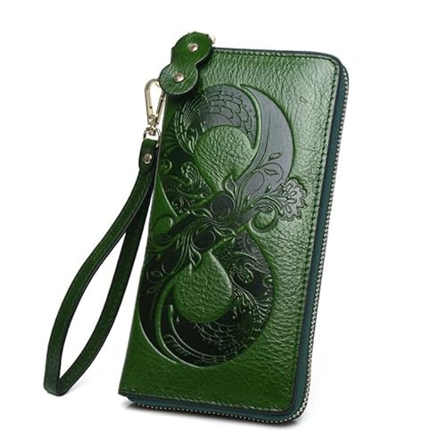 ZMCGNO Vintage Echtleder Damen Geldbörse Floral Echt Kuh Leder Geldbörse Damen Erste Schicht Rindsleder Clutch(Green Wallet) von ZMCGNO