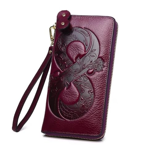 ZMCGNO Vintage Echtleder Damen Geldbörse Floral Echt Kuh Leder Geldbörse Damen Erste Schicht Rindsleder Clutch(Purple Wallet) von ZMCGNO