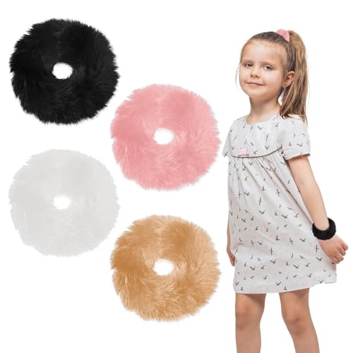 ZMDMAH 4 Stücke Haargummi Scrunchie Stirnbänder Plüsch Kratzbänder Faux Kaninchen Haar Blase Elastische Baby Scrunchies Pferdeschwanz Haarschmuck Mädchen Haargummis, Schwarz+Rosa+Weiß+Hellbraun von ZMDMAH