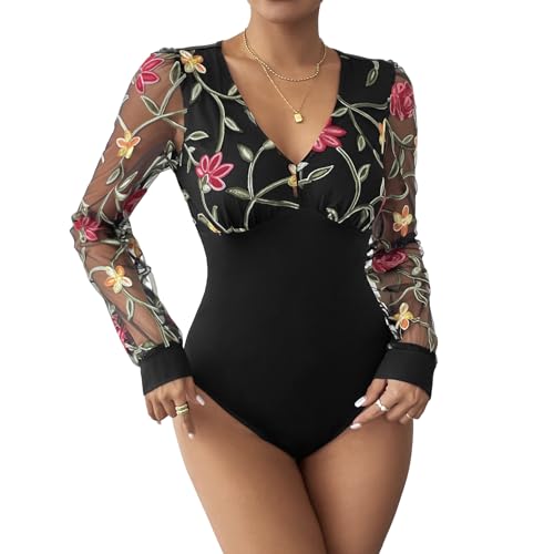 ZMDTGYEIS Damen-Body mit V-Ausschnitt, Besticktes Blumen-Mesh-Puff-Langarm-Stück, Catsuit-Spitze, dünnes Blusen-Top(S) von ZMDTGYEIS