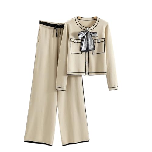 Herbst Frauen Plissee Zwei Stück Set Langarm Bowknot Tops Hohe Taille Breite Bein Hosen Anzug Weibliche Casual Outfits apricot XS von ZMIN