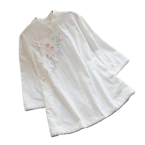 ZMIN Baumwoll-Leinen-Hemd für Damen Frühling ethnisches Tang-Anzug-Oberteil Vintage-Stickerei lockere Bluse im chinesischen Stil Tradition White XL von ZMIN
