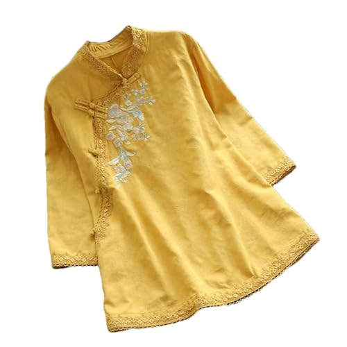 ZMIN Baumwoll-Leinen-Hemd für Damen Frühling ethnisches Tang-Anzug-Oberteil Vintage-Stickerei lockere Bluse im chinesischen Stil Tradition Yellow L von ZMIN