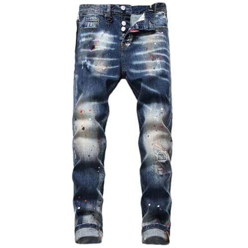 ZMIN Eng anliegende Herrenjeans mit schmalem Bein eingerissenen Flicken und Nicht elastischer mit Farbspritzern bespritzter Blauer Bettlerhose HH-8826 30 von ZMIN