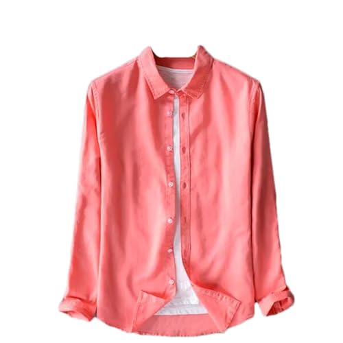 ZMIN Herren-Langarm-Leinenhemd Herren-Baumwolle Herrenhemden einfarbig Korallenrot Camisa-Chemise Coral red L von ZMIN