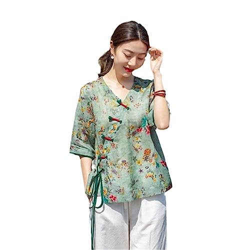 ZMIN Vintage Baumwolle Leinen Blumendruck V-Ausschnitt Hemd Chinesischen Stil Traditionelle Weibliche Hanfu Bluse Nationale Lose Frauen EN8 XL von ZMIN