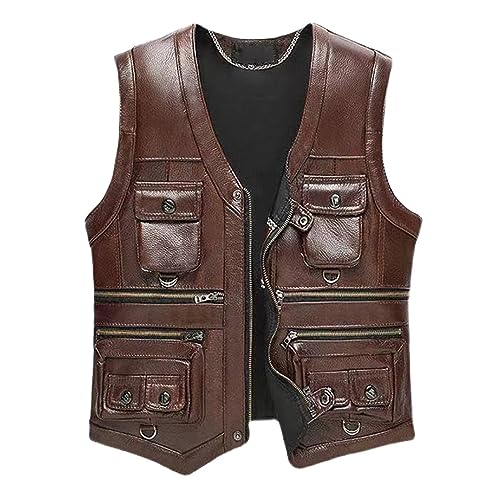ZMNKH Herren Lederweste Motorradweste Weste Leder Motorrad Weste,Angelweste Ärmellose Biker Jacke,V Ausschnitt von ZMNKH