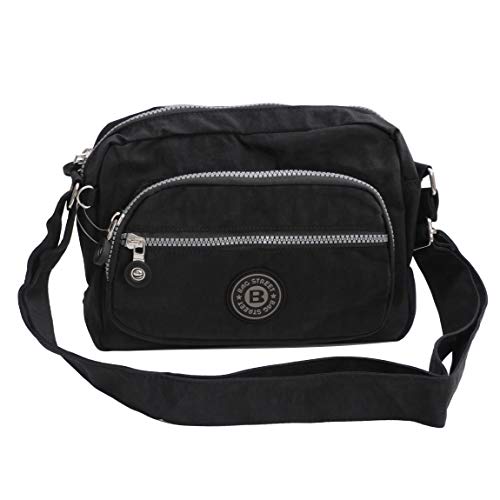 kleine Umhängetasche Schultertasche Tasche Freizeit Citytasche Robustes Crinkle Nylon - (Schwarz) von ZMOKA