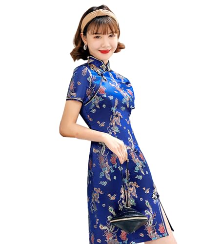 ZNLFS Damen Cheongsam Kleid Bodycon Mandarinenkragen Kurzarm Slim Fit Seitenschlitz Blumendruck Drache Mini Qipao, Dunkelblauer Drache, 40 von ZNLFS