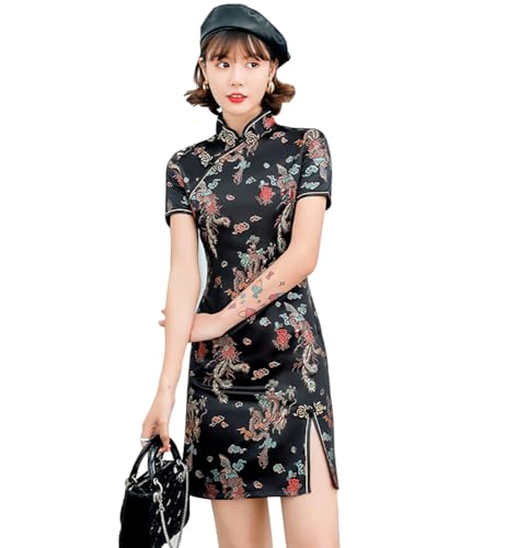 ZNLFS Damen Cheongsam Kleid Bodycon Mandarinenkragen Kurzarm Slim Fit Seitenschlitz Blumendruck Drache Mini Qipao, Schwarzer Drache, 42 von ZNLFS
