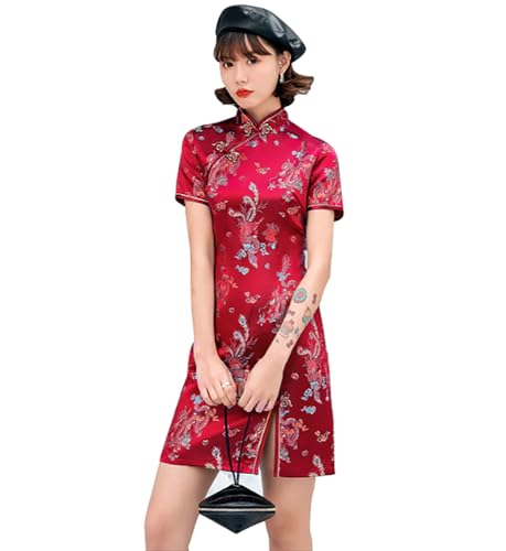 ZNLFS Damen Cheongsam Kleid Bodycon Mandarinenkragen Kurzarm Slim Fit Seitenschlitz Blumendruck Drache Mini Qipao, Weinroter Drache, 40 von ZNLFS