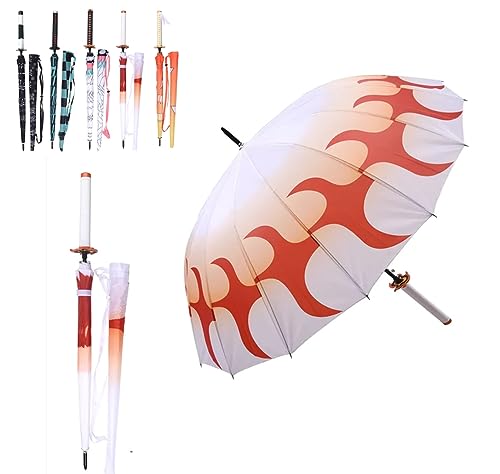 ZNLVZSH Dämonentöter Samurai-Regenschirm, Anime Cosplay Ninja Katana Sonnenschutz-Regenschirm 16 Knochen 210T wasserdicht winddicht stark 1: 1 Anime-Griff 3D-Druck 106 cm, Rengoku Kyoujurou von ZNLVZSH