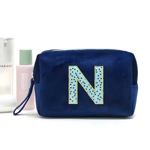 ZNVYPPD Make-up-Tasche mit Initialen-Motiv, personalisierbar, niedlich, adretter Aufnäher, Make-up-Tasche, Geschenk für Mädchen, Frauen, Freunde, Blau, N von ZNVYPPD