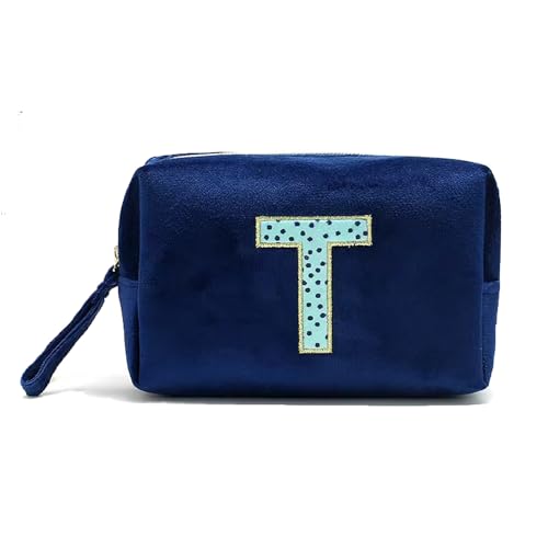 ZNVYPPD Make-up-Tasche mit Initialen-Motiv, personalisierbar, niedlich, adretter Aufnäher, Make-up-Tasche, Geschenk für Mädchen, Frauen, Freunde, Blau, T von ZNVYPPD