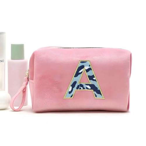 ZNVYPPD Make-up-Tasche mit Initialen-Motiv, personalisierbar, niedlich, adretter Aufnäher, Make-up-Tasche, Geschenk für Mädchen, Frauen, Freunde, Pink, A von ZNVYPPD