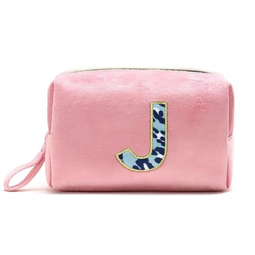 ZNVYPPD Make-up-Tasche mit Initialen-Motiv, personalisierbar, niedlich, adretter Aufnäher, Make-up-Tasche, Geschenk für Mädchen, Frauen, Freunde, Pink, J von ZNVYPPD