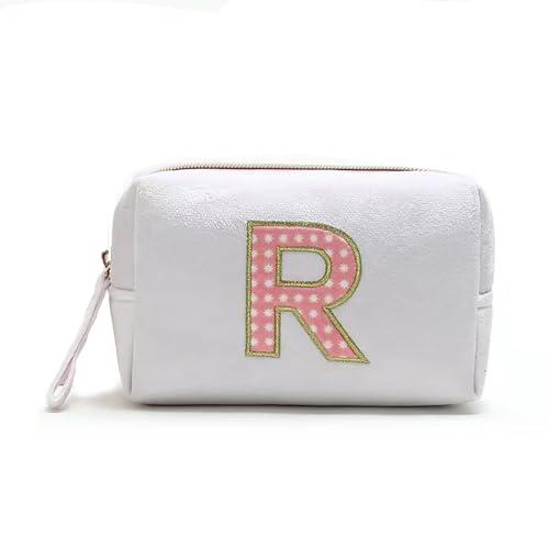 ZNVYPPD Make-up-Tasche mit Initialen-Motiv, personalisierbar, niedlich, adretter Aufnäher, Make-up-Tasche, Geschenk für Mädchen, Frauen, Freunde, Weiss/opulenter Garten, R von ZNVYPPD