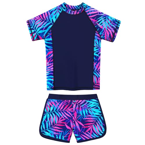 ZNYUNE Badeanzug Mädchen Zweiteiler Kurzarm Shorty UV-Schutz UPF 50+ Schnelltrocknend, Bequem Schwimmanzug Schwimmbekleidung Größe 2-16 Jahre S504 NavyLeaves 10A von ZNYUNE