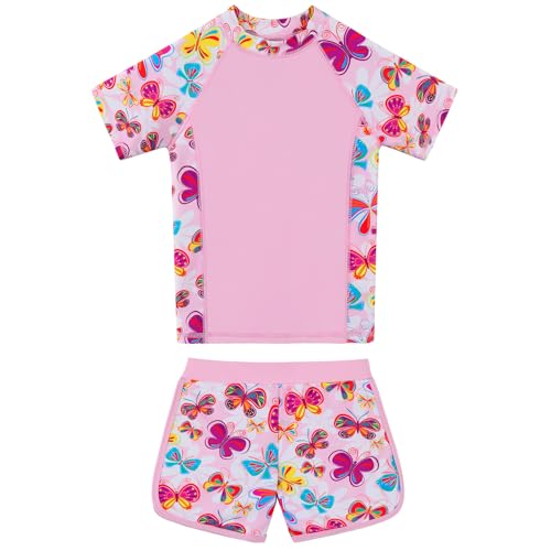 ZNYUNE Badeanzug Mädchen Zweiteiler Kurzarm Shorty UV-Schutz UPF 50+ Schnelltrocknend, Bequem Schwimmanzug Schwimmbekleidung Größe 2-16 Jahre S504 PinkButterfly 10A von ZNYUNE