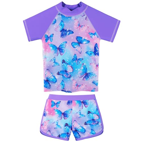 ZNYUNE Badeanzug Mädchen Zweiteiler Kurzarm Shorty UV-Schutz UPF 50+ Schnelltrocknend, Bequem Schwimmanzug Schwimmbekleidung Größe 2-16 Jahre S516 PurpleButterfly 6A von ZNYUNE