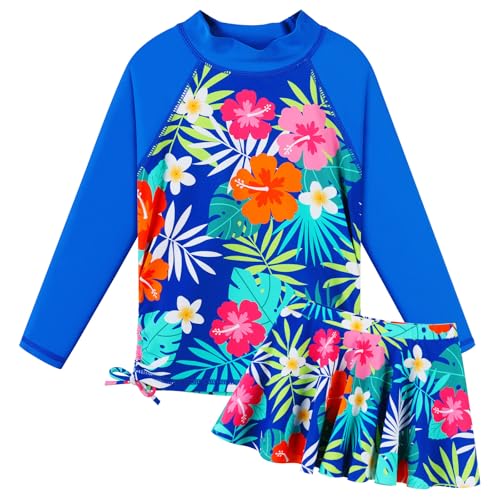 ZNYUNE Badeanzug mädchen Langer Schwimmanzug mädchen mit Skirt oder Hose 2-teiliges Set Rash Guard Girls Swimsuit S495 NavyFlower 8A von ZNYUNE