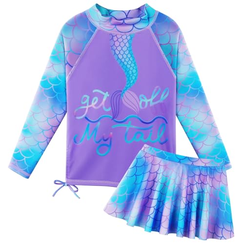 ZNYUNE Badeanzug mädchen Langer Schwimmanzug mädchen mit Skirt oder Hose 2-teiliges Set Rash Guard Girls Swimsuit S495 PurpleBlueScale 8A von ZNYUNE