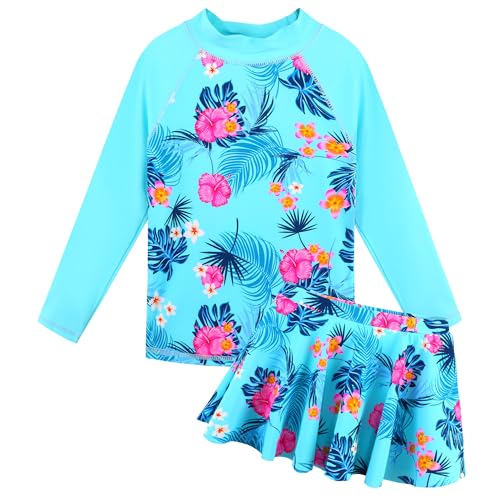 ZNYUNE Badeanzug mädchen Langer Schwimmanzug mädchen mit Skirt oder Hose 2-teiliges Set Rash Guard Girls Swimsuit S503 BlueFlower 14A von ZNYUNE