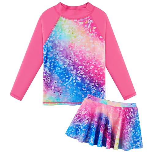ZNYUNE Badeanzug mädchen Langer Schwimmanzug mädchen mit Skirt oder Hose 2-teiliges Set Rash Guard Girls Swimsuit S503 GlitterRainbow 8A von ZNYUNE