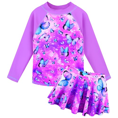 ZNYUNE Badeanzug mädchen Langer Schwimmanzug mädchen mit Skirt oder Hose 2-teiliges Set Rash Guard Girls Swimsuit S503 PurpleButterfly 10A von ZNYUNE
