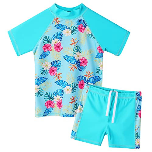 ZNYUNE Kinder Badeanzug Mädchen Zweiteiliger Badeanzug Stoffdruck Kurzen Ärmeln + Hosen Badebekleidung Schwimmanzug S404 CyanFlower 10A von ZNYUNE