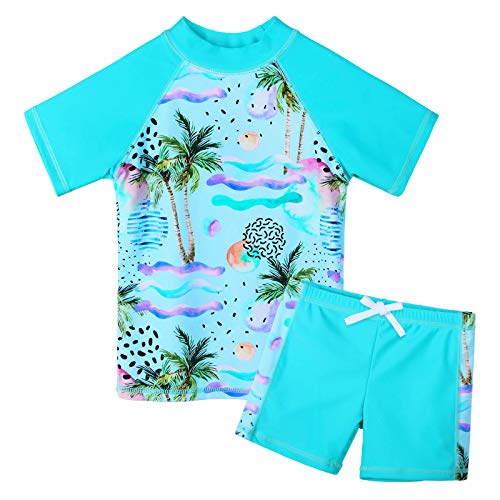 ZNYUNE Kinder Badeanzug Mädchen Zweiteiliger Badeanzug Stoffdruck Kurzen Ärmeln + Hosenrock Badebekleidung Schwimmanzug S324 CyanCocoTree 8A von ZNYUNE