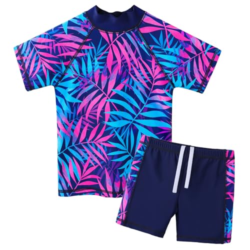 ZNYUNE Kinder Badeanzug Mädchen Zweiteiliger Badeanzug Stoffdruck Kurzen Ärmeln + Hosenrock Badebekleidung Schwimmanzug S399 NavyLeaves 12A von ZNYUNE