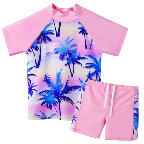 ZNYUNE Kinder Badeanzug Mädchen Zweiteiliger Badeanzug Stoffdruck Kurzen Ärmeln + Hosenrock Badebekleidung Schwimmanzug S451 PinkCocoTree 16A von ZNYUNE