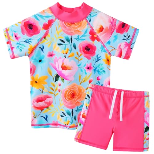 ZNYUNE Kinder Badeanzug Mädchen Zweiteiliger Badeanzug Stoffdruck Kurzen Ärmeln + Hosenrock Badebekleidung Schwimmanzug S471 BlueFlower 4A von ZNYUNE